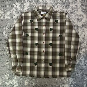Women’s Vintage Westbound Embroidered Leaves Plaid Fall Button Up Shirt